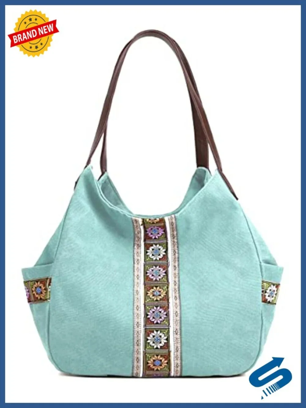 Women Canvas Hobo Purse Multi Pocket Tote Shoulder Bag Embroidered Ethnic Top